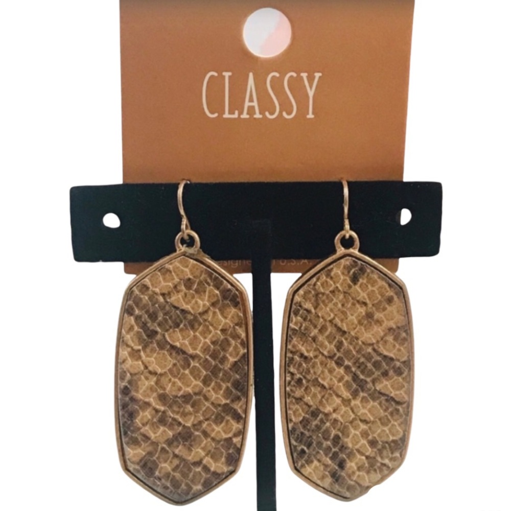 Classy Gold Tone & Brown Snakeskin Print Dangle Earrings NWT